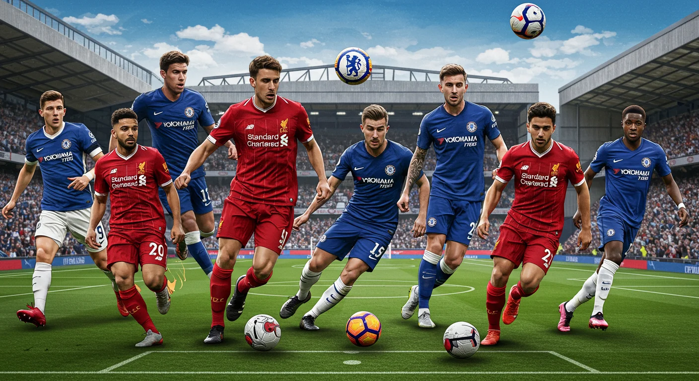 190+ Ultimate Football Riddles for Kids, Adults, and Trivia Fans 5 Liverpool and Chelsea players competing for a header during a Premier League match with multiple balls depicted in motion