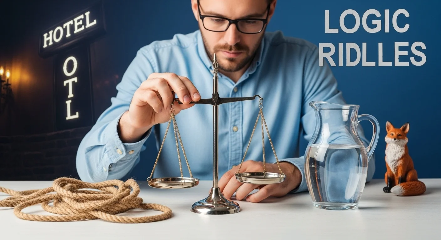 Man in glasses using balance scale to solve logic riddles with rope, water pitcher, and fox figurine on table