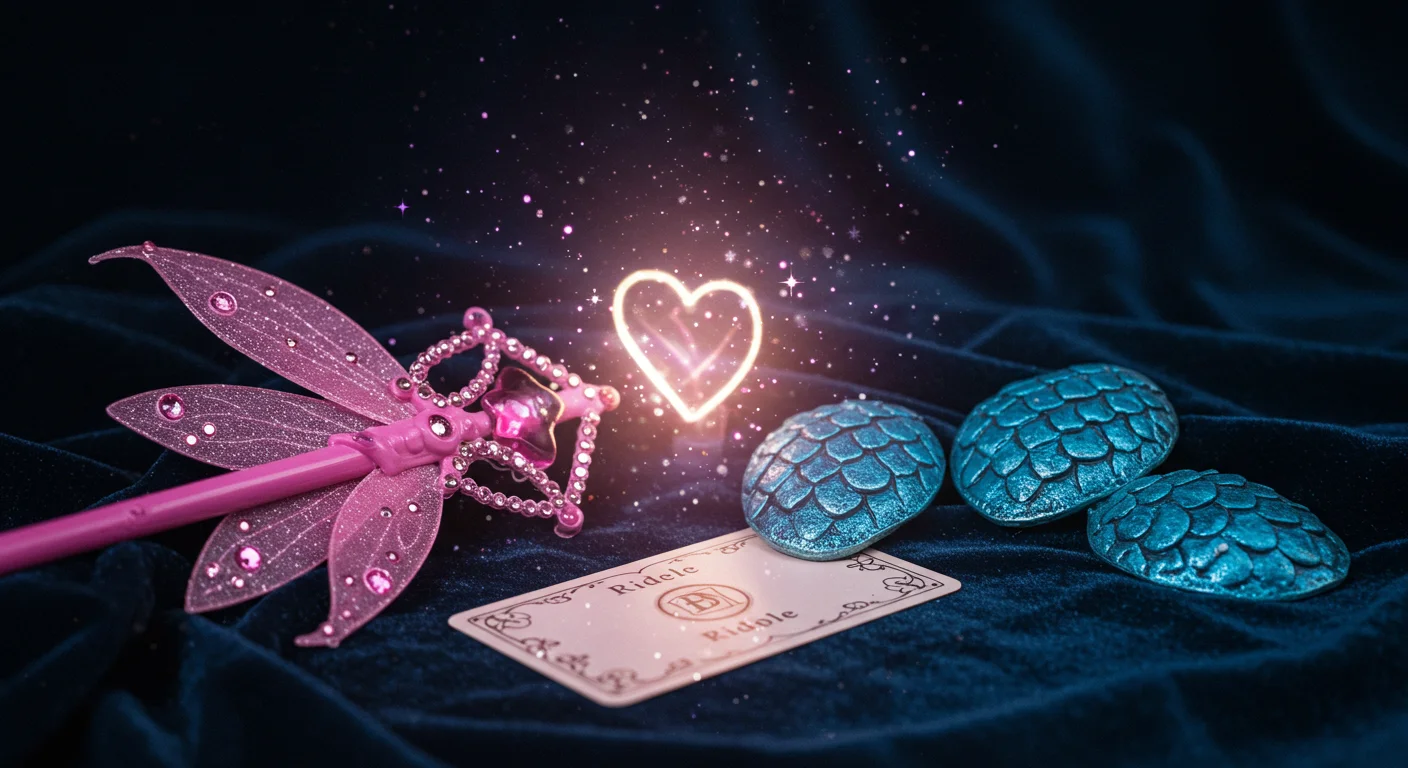 125+ Gender Reveal Riddles to Guess Baby’s Secret (Answers!) 8 Mystical scene with glittering pink fairy wand, blue dragon eggs, riddle card, and glowing heart in starry background