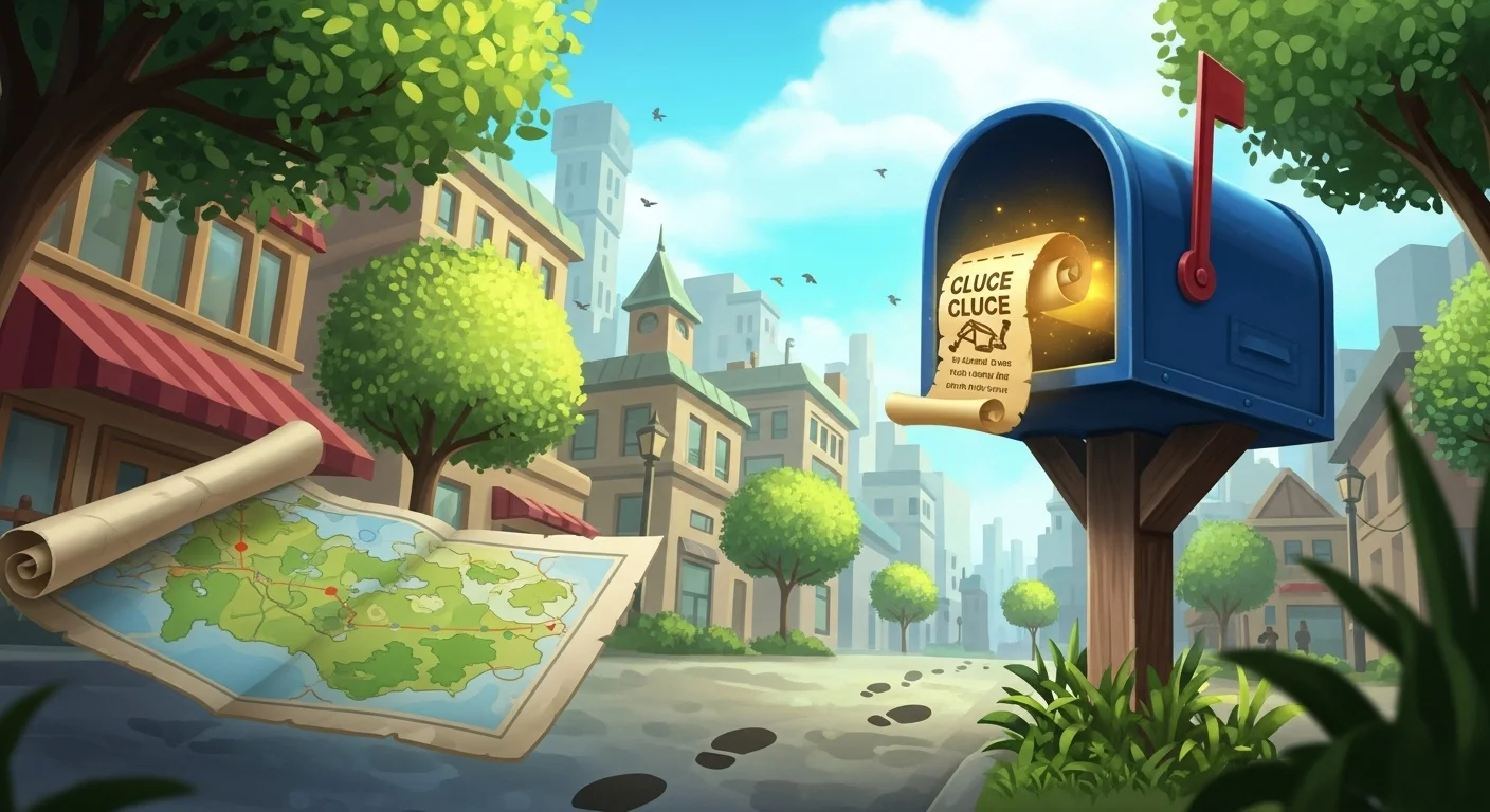 125+ Letter-Perfect Mailbox Riddles (Answers Inside!) 2 Blue mailbox in city street containing glowing scroll with "CLUE CLUE" text and map nearby showing riddle-solving context
