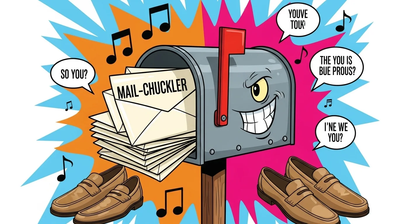 125+ Letter-Perfect Mailbox Riddles (Answers Inside!) 3 Animated mailbox character with big smile holding mail and saying puns about "you" and "loafers" with shoes scattered around