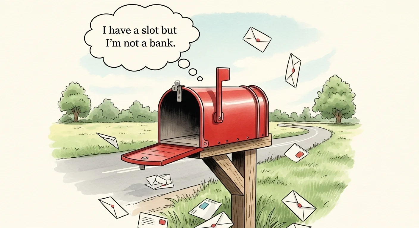 125+ Letter-Perfect Mailbox Riddles (Answers Inside!) 1 Red mailbox with thought bubble saying "I have a slot but I'm not a bank" surrounded by scattered letters and envelopes