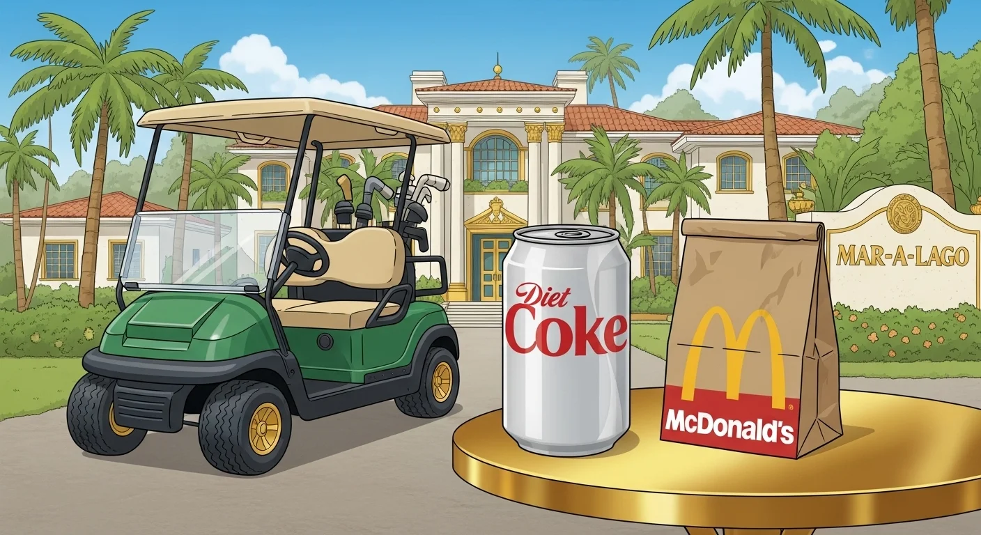 125+ Funny Donald Trump Riddles with Answers 11 Golf cart at Mar-a-Lago resort with Diet Coke can and McDonald's bag on golden platform