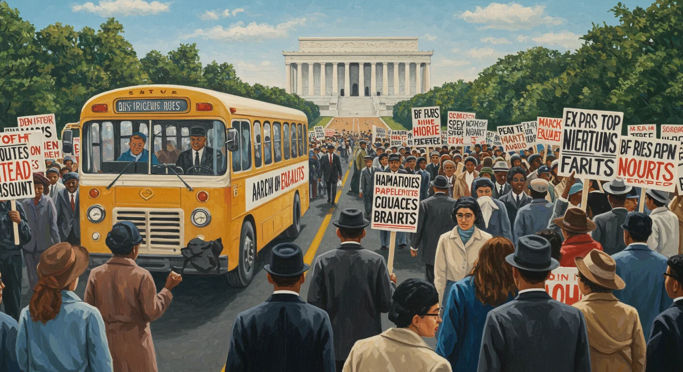 125+ American History Riddles: Test Your American Knowledge 10 March on Washington 1963 civil rights demonstration with protesters holding signs at Lincoln Memorial, yellow bus with "Give Tickets Rules" destination sign