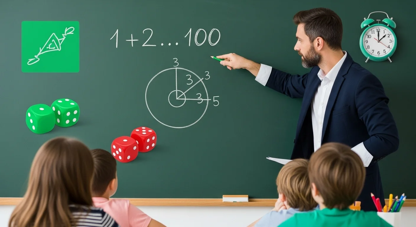 Male teacher at green chalkboard explaining mathematical logic problems to students with dice and geometric puzzles