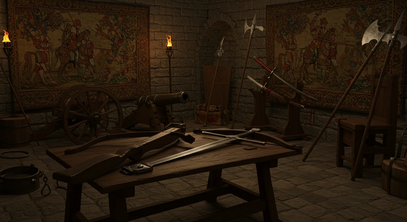 125+ Unique Weapons Riddles with Answers: Ancient to Mythical 2 Medieval armory chamber with swords, polearms, and cannon displayed on wooden table with historical tapestries on stone walls
Title: Inside a Medieval Castle Armory: Weapons of War