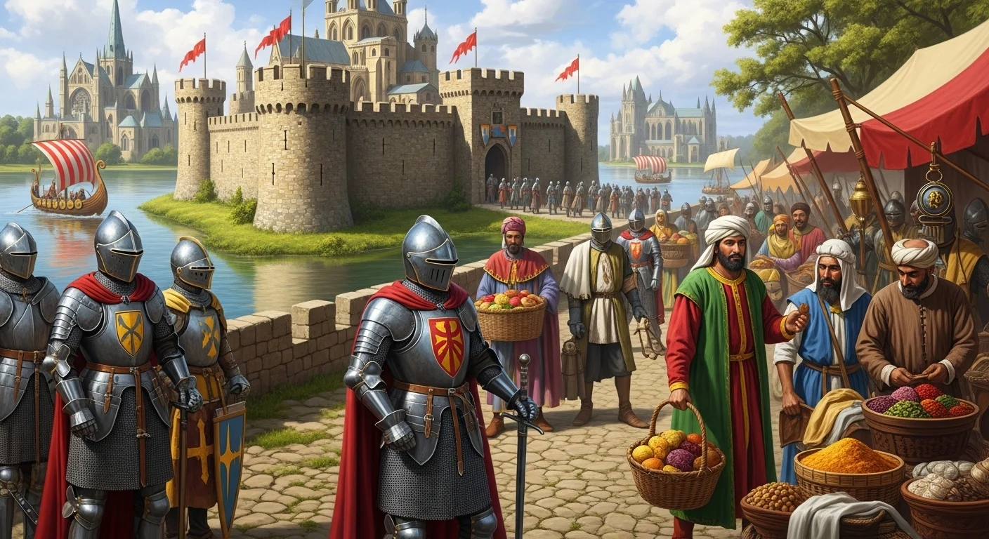 125+ World History Riddles with Answers to Test Your Knowledge 2 Medieval castle with knights in armor, Viking ships, and bustling marketplace depicting Middle Ages history for educational riddles