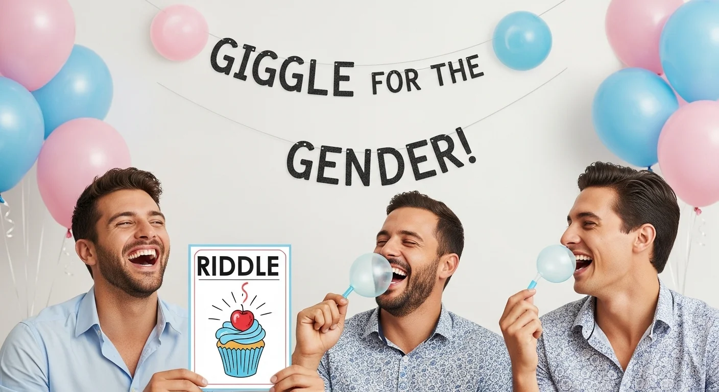 125+ Gender Reveal Riddles to Guess Baby’s Secret (Answers!) 2 Three men laughing while playing gender reveal riddle game with cupcake card and blue gum bubbles at party