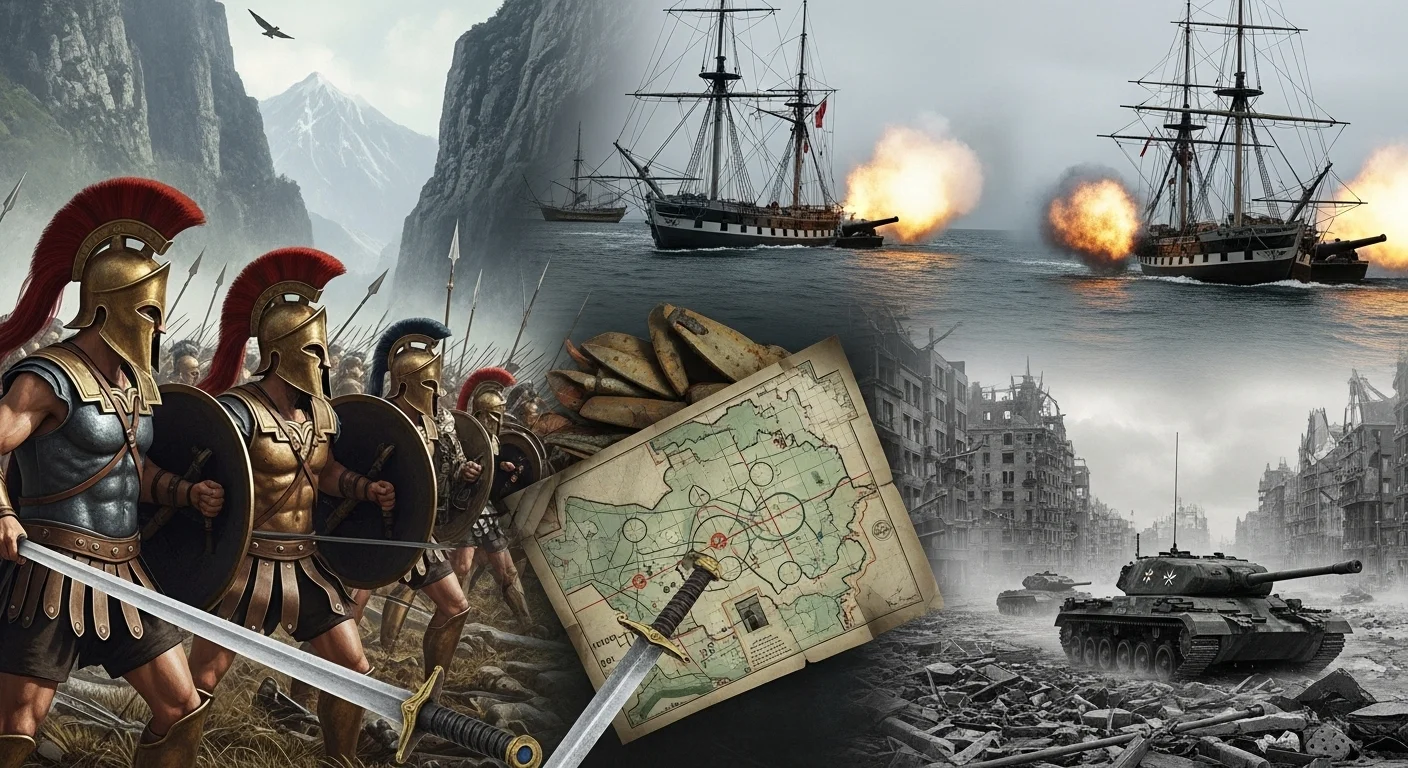 125+ World History Riddles with Answers to Test Your Knowledge 8 Spartan warriors with shields and spears, naval battle with sailing ships firing cannons, destroyed city, and World War II tanks