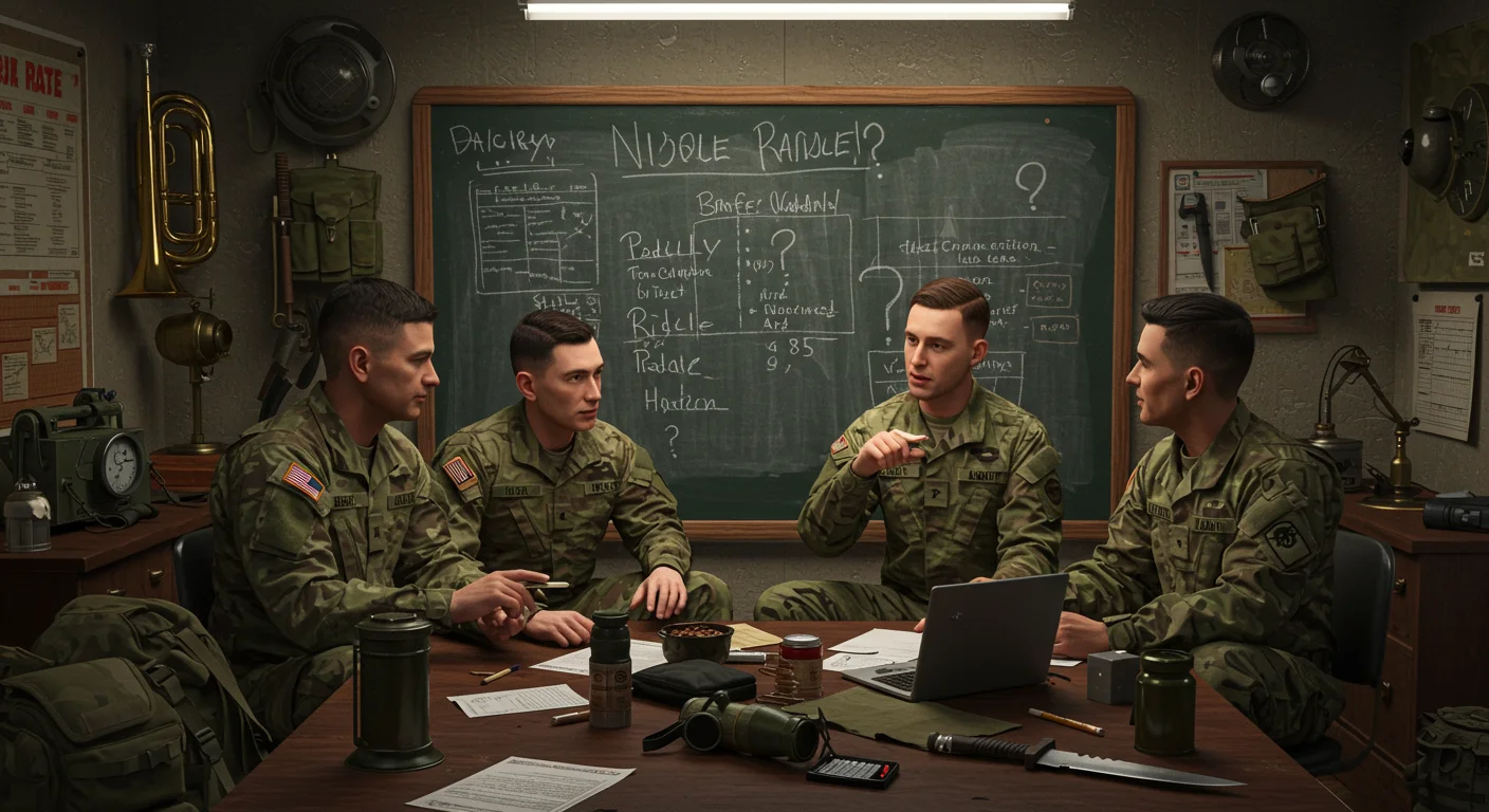 125+ Military Riddles to Outsmart Any General! Answers Included! 7 Military intelligence officers analyzing data and discussing strategy at briefing table
