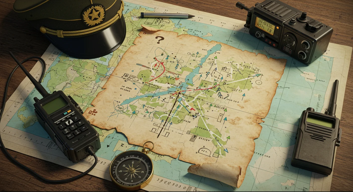 125+ Military Riddles to Outsmart Any General! Answers Included! 3 Military tactical map with communication equipment and officer's cap