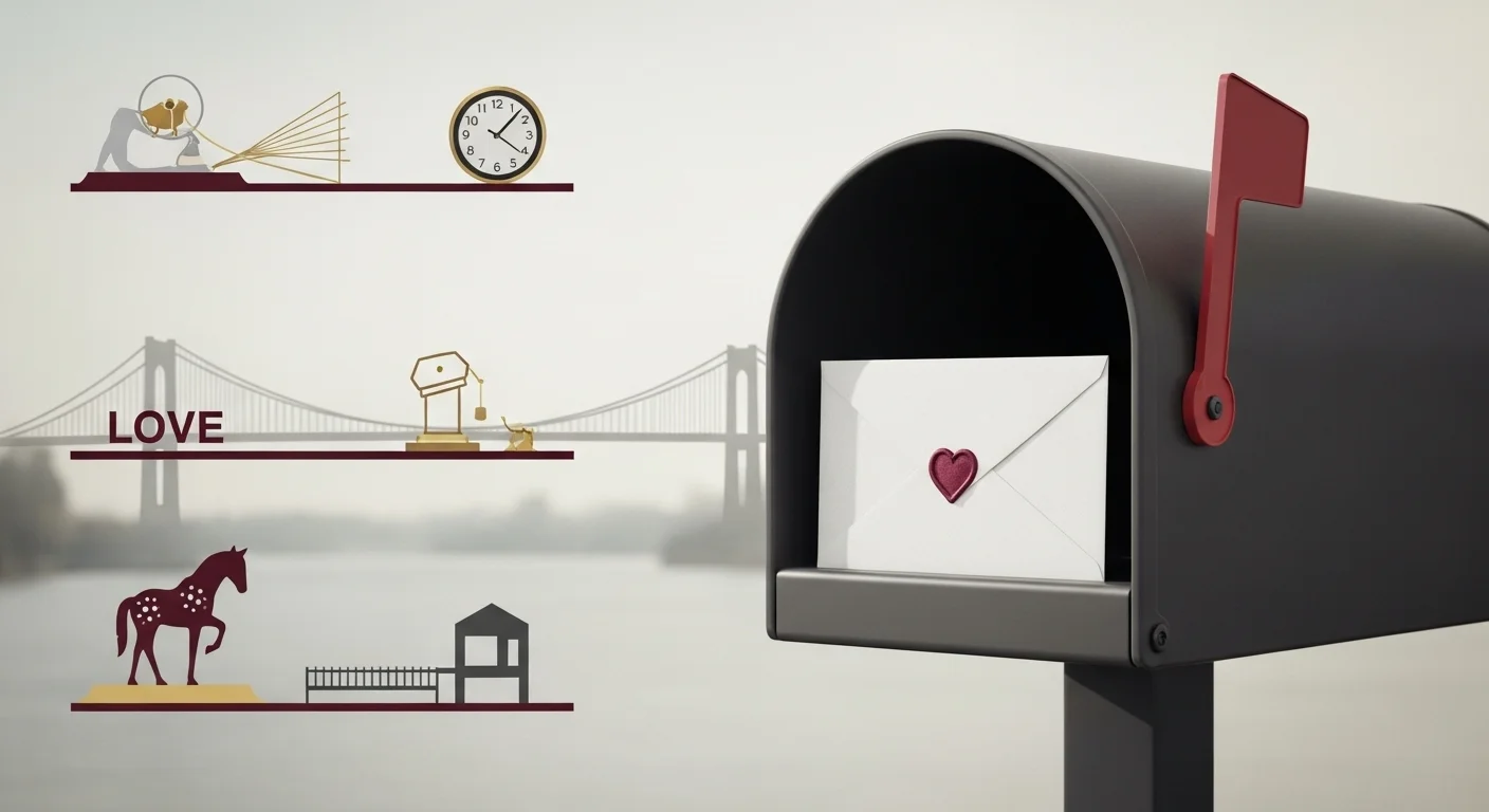 125+ Letter-Perfect Mailbox Riddles (Answers Inside!) 6 Modern black mailbox containing white envelope with heart seal, with decorative shelves showing "LOVE" text and bridge backdrop
