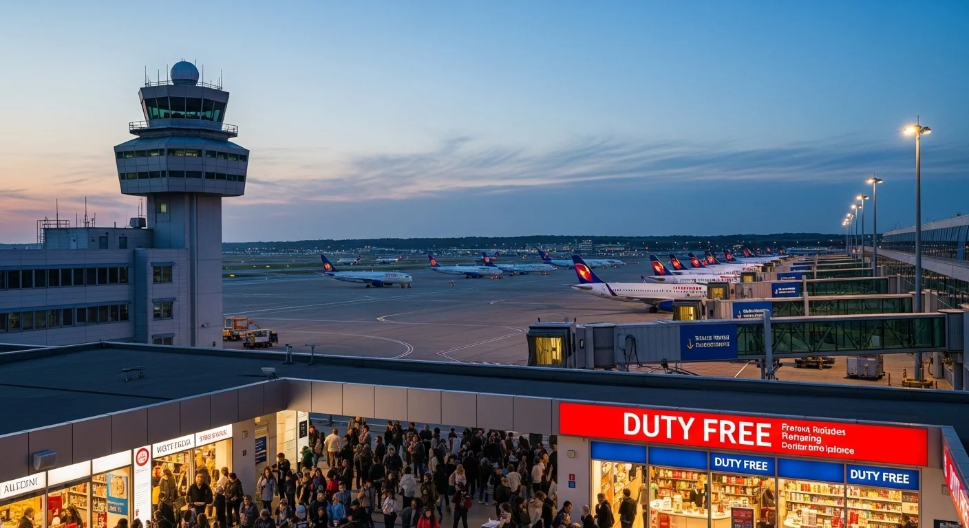 Can You Solve These 150+ Airport Riddles Before Your Flight? 9 Modern airport terminal at dusk with control tower, aircraft on tarmac, and busy duty-free shopping area with travelers