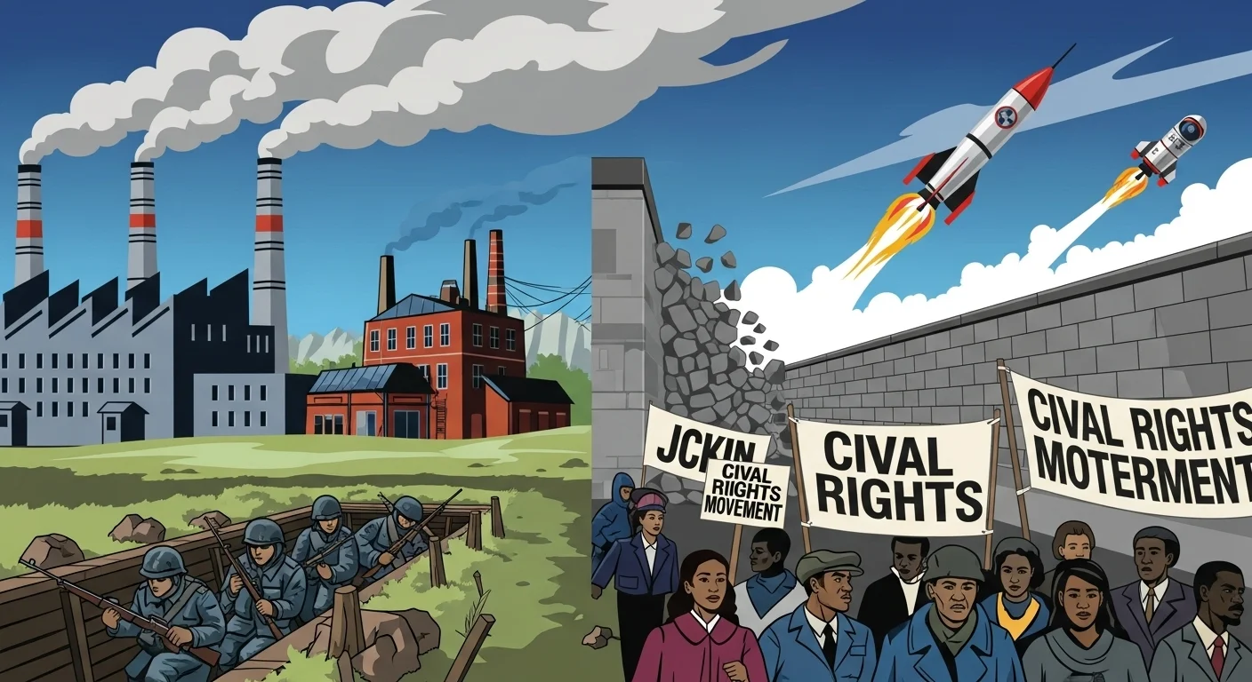 125+ World History Riddles with Answers to Test Your Knowledge 3 Industrial Revolution factories, World War trenches, Civil Rights Movement protesters, and space rockets representing modern history riddles