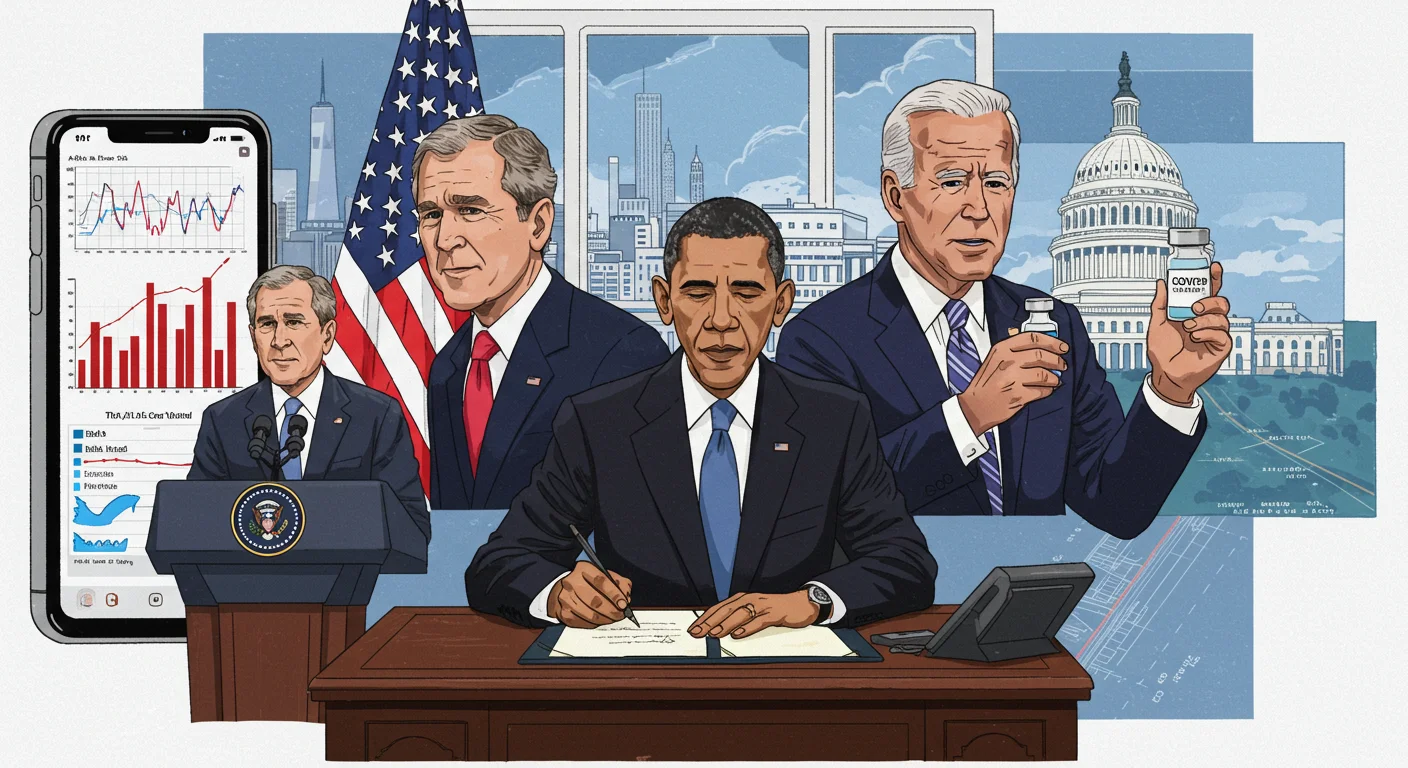 125+ Presidential Riddles & Answers to Test Your History Smarts 4 Modern presidents illustration showing Bush, Obama, and Biden with presidential podium, Capitol building, and COVID vaccine