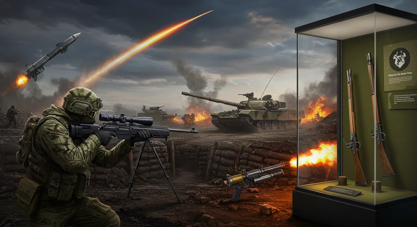 125+ Unique Weapons Riddles with Answers: Ancient to Mythical 3 Modern military scene with soldier using sniper rifle, tanks in battlefield and historical firearms displayed in museum case