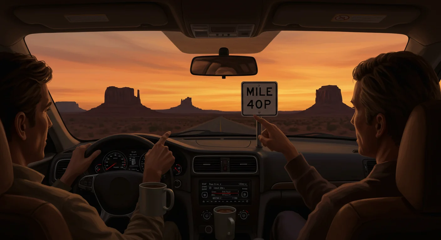 View from car of Monument Valley at sunset with Mile 40P road sign visible through windshield