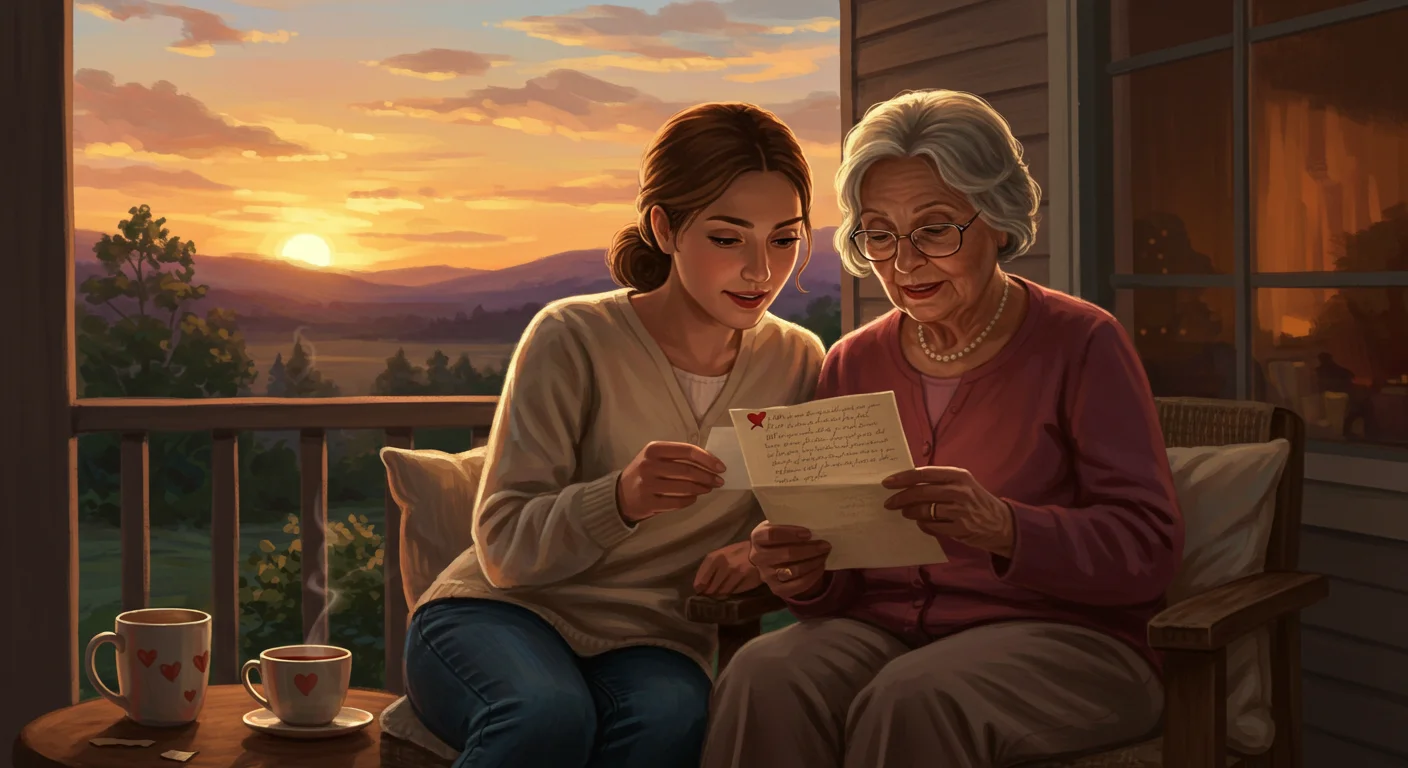 Young woman and elderly mother reading heartfelt letter at sunset