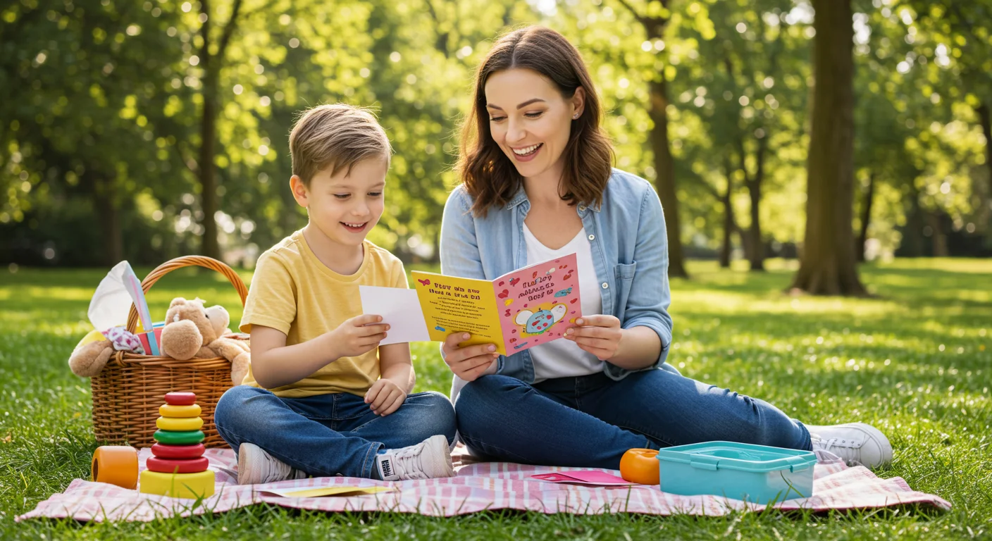 Mother and young son reading Mother's Day card during park picnic