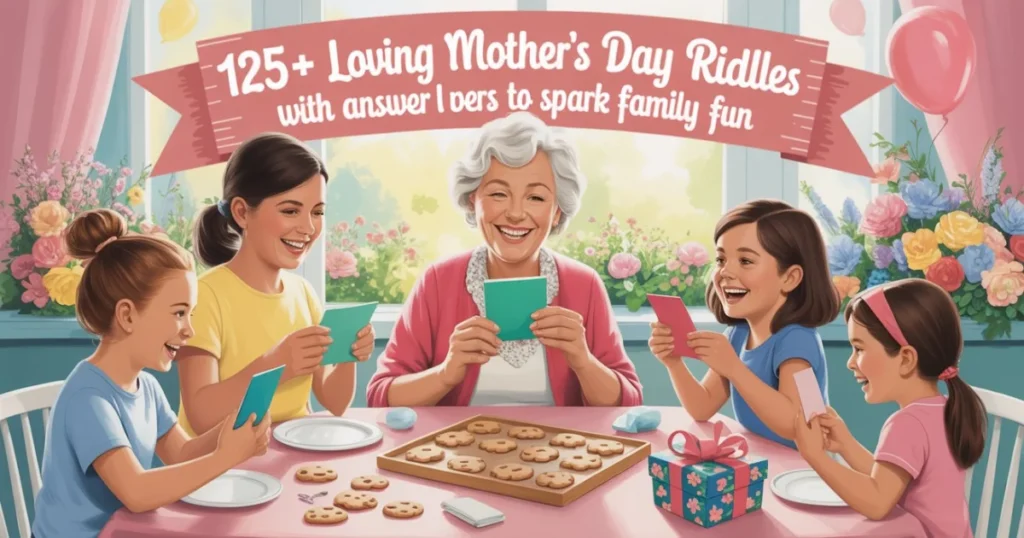 Multigenerational family enjoying Mother's Day riddles with cookies and cards around a table