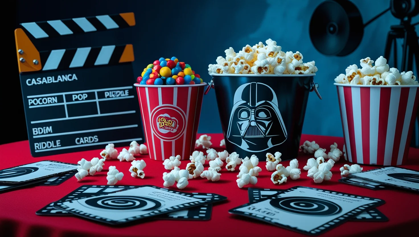 125+ Mind‑Blowing Table Riddles That Will Have Everyone Guessing 10 Movie night setup with popcorn buckets, candy, and film clapperboard on red table