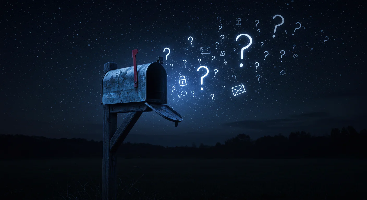 125+ Letter-Perfect Mailbox Riddles (Answers Inside!) 4 Old weathered mailbox at night with question marks and envelope icons floating above against starry sky