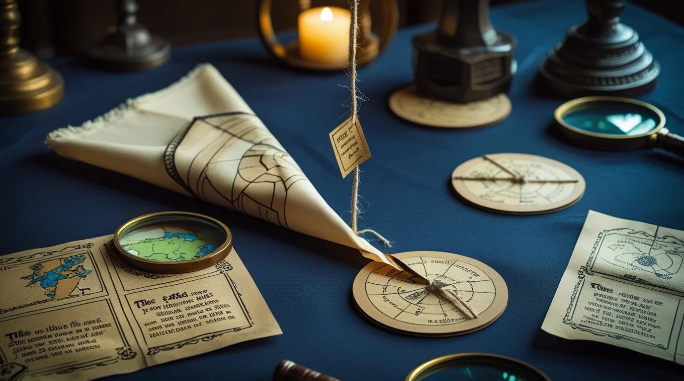 125+ Mind‑Blowing Table Riddles That Will Have Everyone Guessing 4 Vintage mystery game table with maps, magnifying glasses, and navigation tools on blue tablecloth