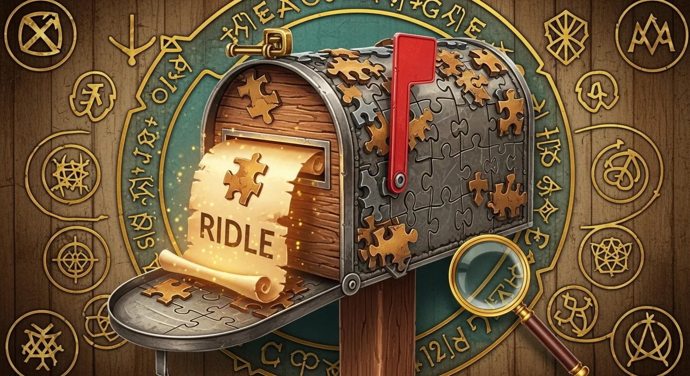 125+ Letter-Perfect Mailbox Riddles (Answers Inside!) 9 Mystery puzzle mailbox with jigsaw pieces, scroll labeled "RIDLE", magnifying glass, and mystical symbols surrounding wooden mailbox