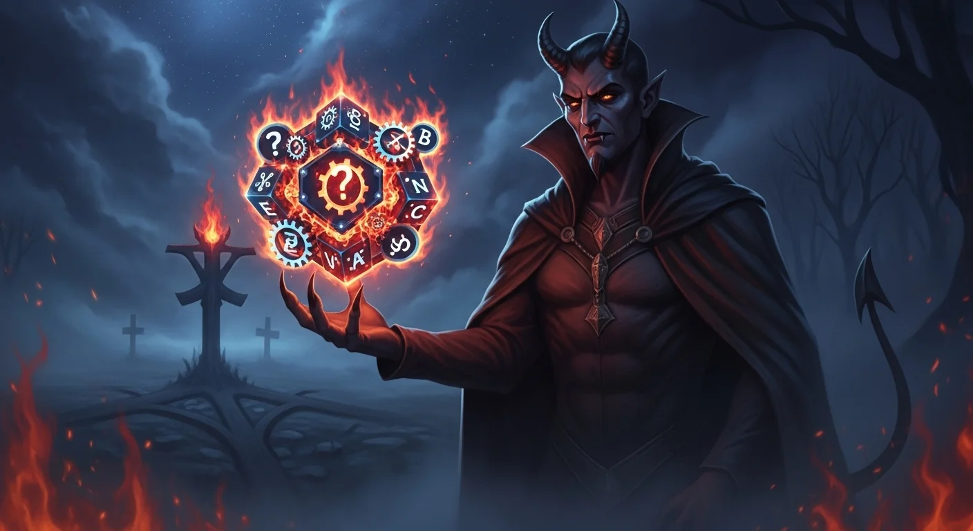 125+ Devil Riddles with Answers: A Devilishly Fun Challenge 2 Dark hooded devil conjuring flaming puzzle wheel with letters and symbols in spooky graveyard
Title: Brain-Twisting Devil Riddles and Logic Puzzles