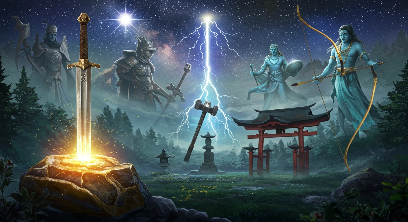 125+ Unique Weapons Riddles with Answers: Ancient to Mythical 4 Mythological weapons scene with Excalibur sword, Thor's hammer, and divine figures from different cultures under starry sky