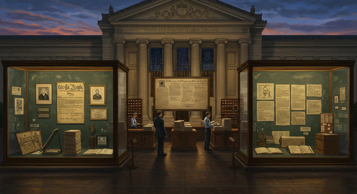 125+ Presidential Riddles & Answers to Test Your History Smarts 9 Interior view of National Archives rotunda displaying original Constitution, Declaration of Independence, and Bill of Rights with visitors viewing historical documents