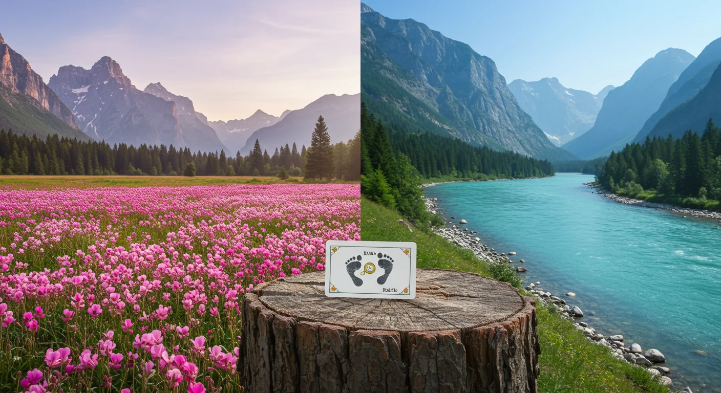 125+ Gender Reveal Riddles to Guess Baby’s Secret (Answers!) 4 Split nature scene with pink flower field and blue mountain lake featuring baby footprints riddle card
