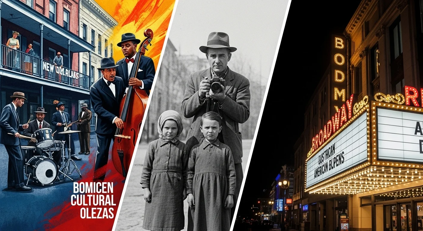125+ American History Riddles: Test Your American Knowledge 13 Cultural triptych showing New Orleans jazz musicians, Great Depression era family portrait, and Broadway theater marquee