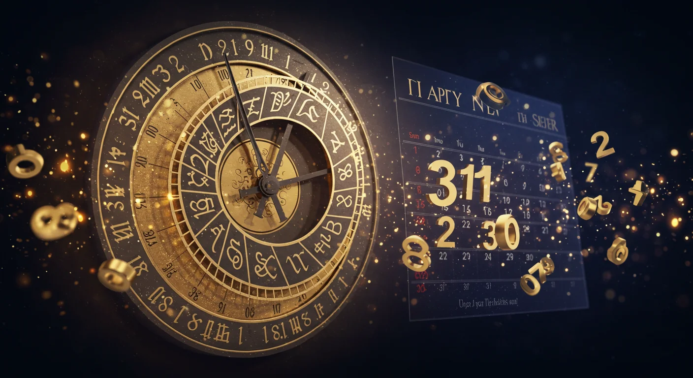 125+ New Year’s Eve Riddles to Solve with Answers 1 Decorative astronomical clock with zodiac symbols next to a New Year calendar showing December 31st