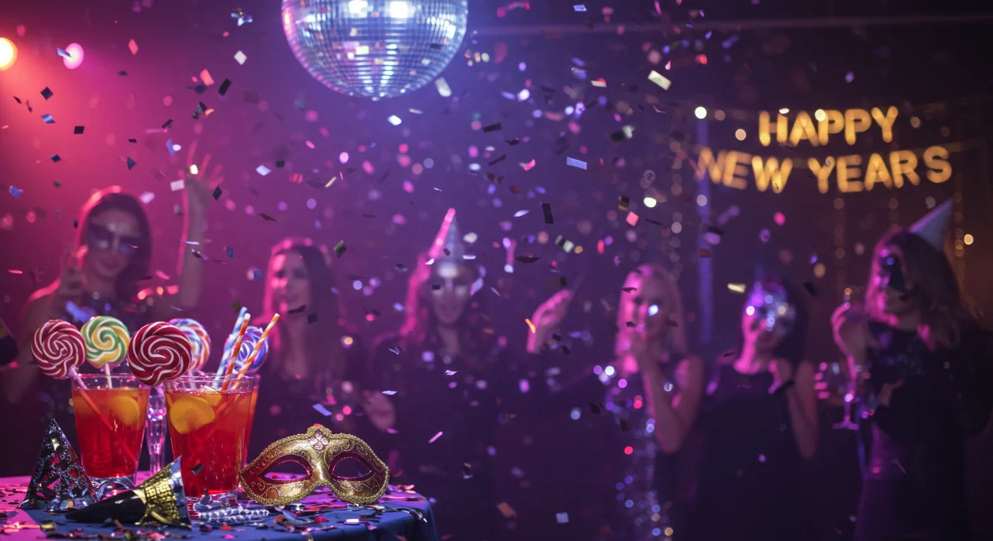125+ New Year Riddles to Spark Joy & Laughter (Answers Inside!) 7 New Year's Eve party with disco ball, confetti, cocktails and festive accessories