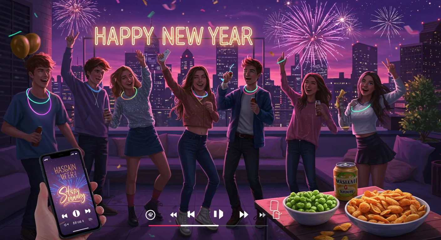 125+ New Year Riddles to Spark Joy & Laughter (Answers Inside!) 2 Young adults celebrating New Year at rooftop party with city skyline and fireworks