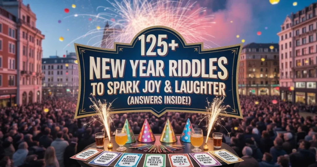 Collection of 125+ New Year riddles with fireworks display and celebration items