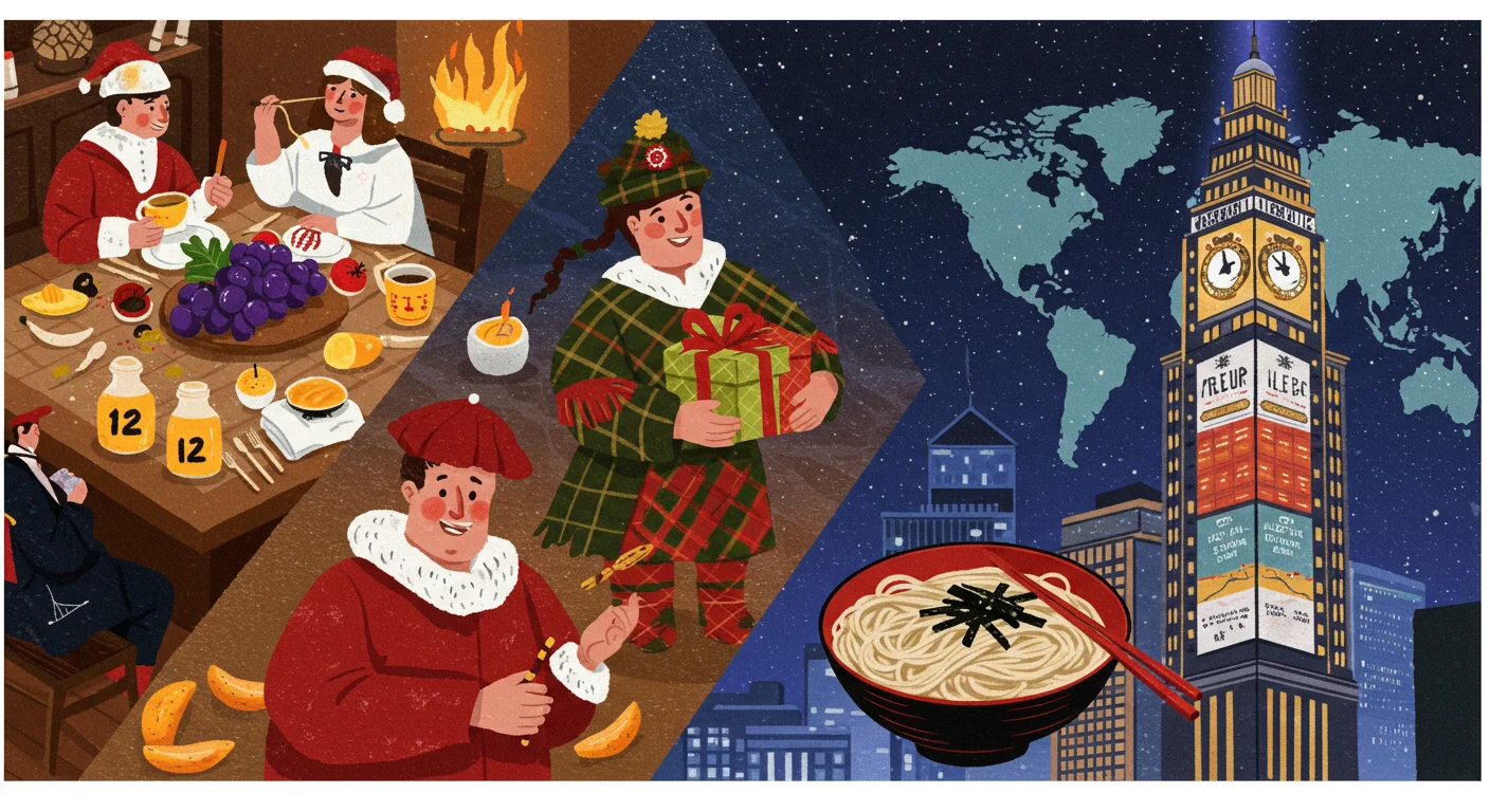 125+ New Year’s Eve Riddles to Solve with Answers 3 Illustrated global New Year traditions featuring holiday meals, gift-giving, and celebrations from different cultures