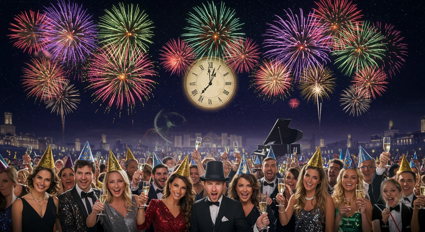 125+ New Year’s Eve Riddles to Solve with Answers 2 Festive New Year's Eve celebration with crowd in formal attire, party hats, and champagne under midnight fireworks