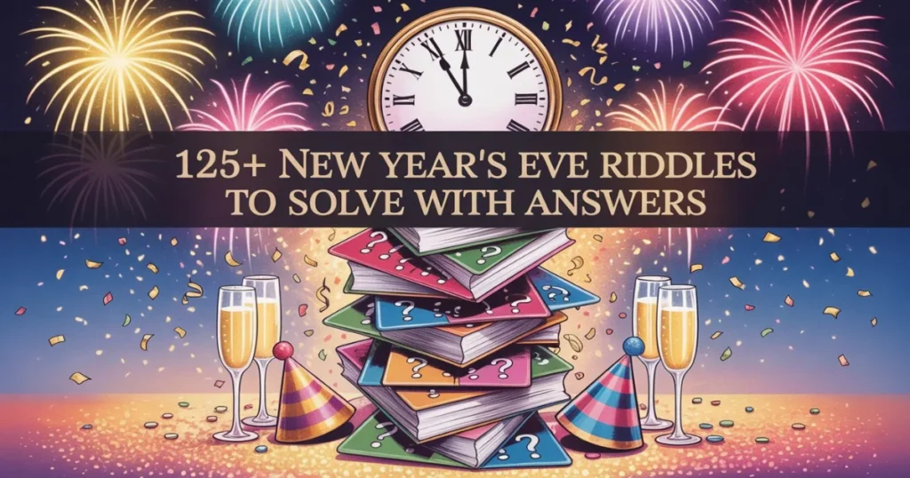 Collection of 125+ New Year's Eve riddles with answers featuring clock, champagne glasses, and party decorations