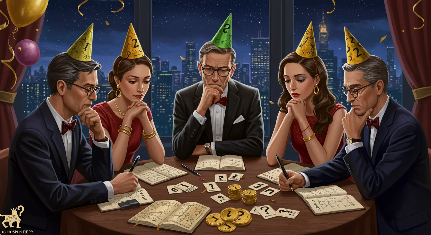 125+ New Year’s Eve Riddles to Solve with Answers 4 Elegant New Year's Eve puzzle party with five people in formal wear solving riddles and puzzles