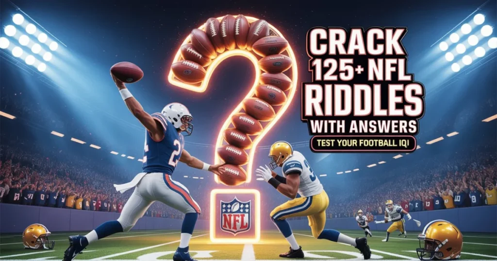 NFL football riddles quiz promotional image featuring a question mark made of footballs with players in action