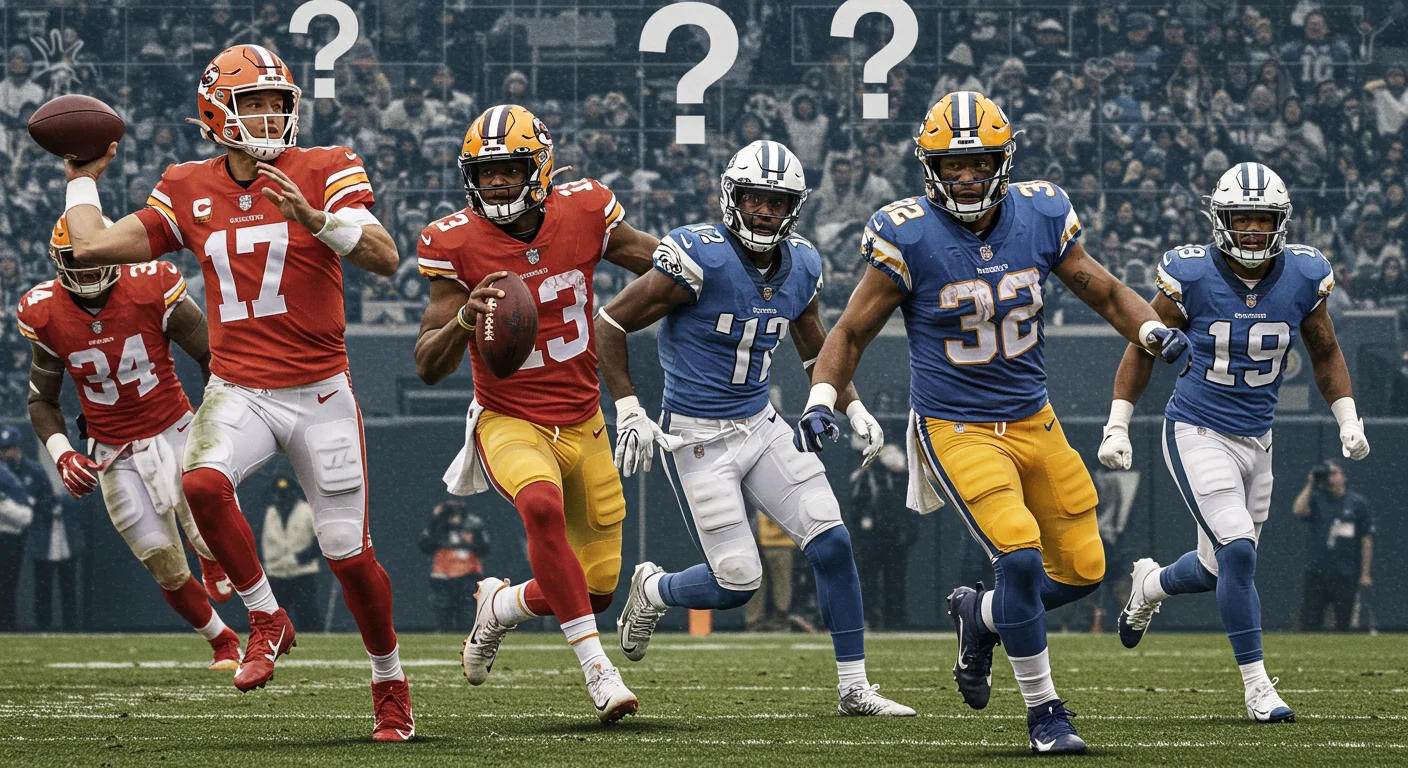 Crack 125+ NFL Riddles with Answers: Test Your Football IQ! 1 NFL players from different teams with question marks above them featuring quarterbacks and receivers in NFL riddles