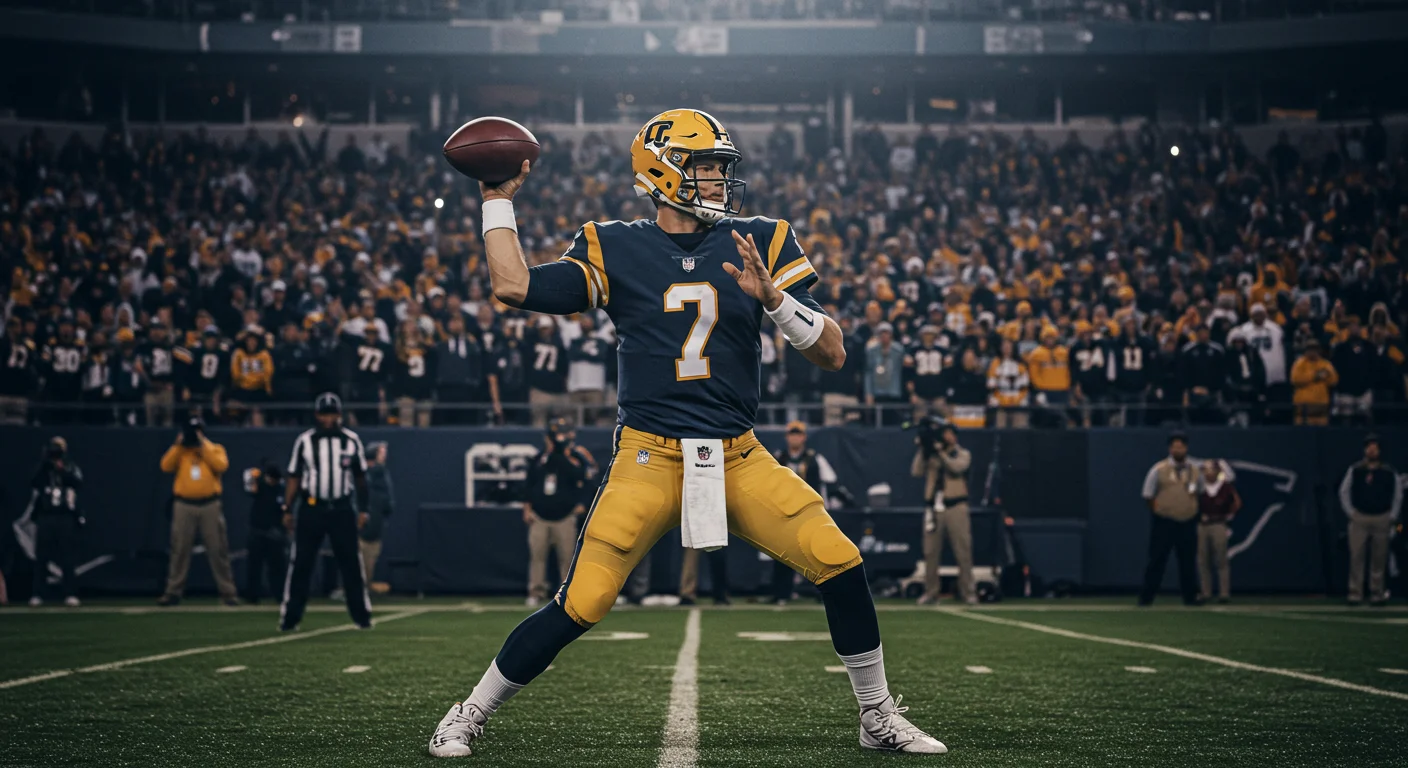 Crack 125+ NFL Riddles with Answers: Test Your Football IQ! 2 NFL quarterback in navy and gold uniform preparing to throw a football in a crowded stadium