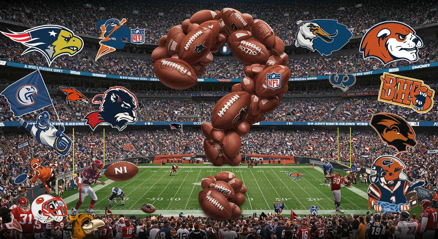 Crack 125+ NFL Riddles with Answers: Test Your Football IQ! 6 NFL stadium with giant question mark made of footballs surrounded by team logos