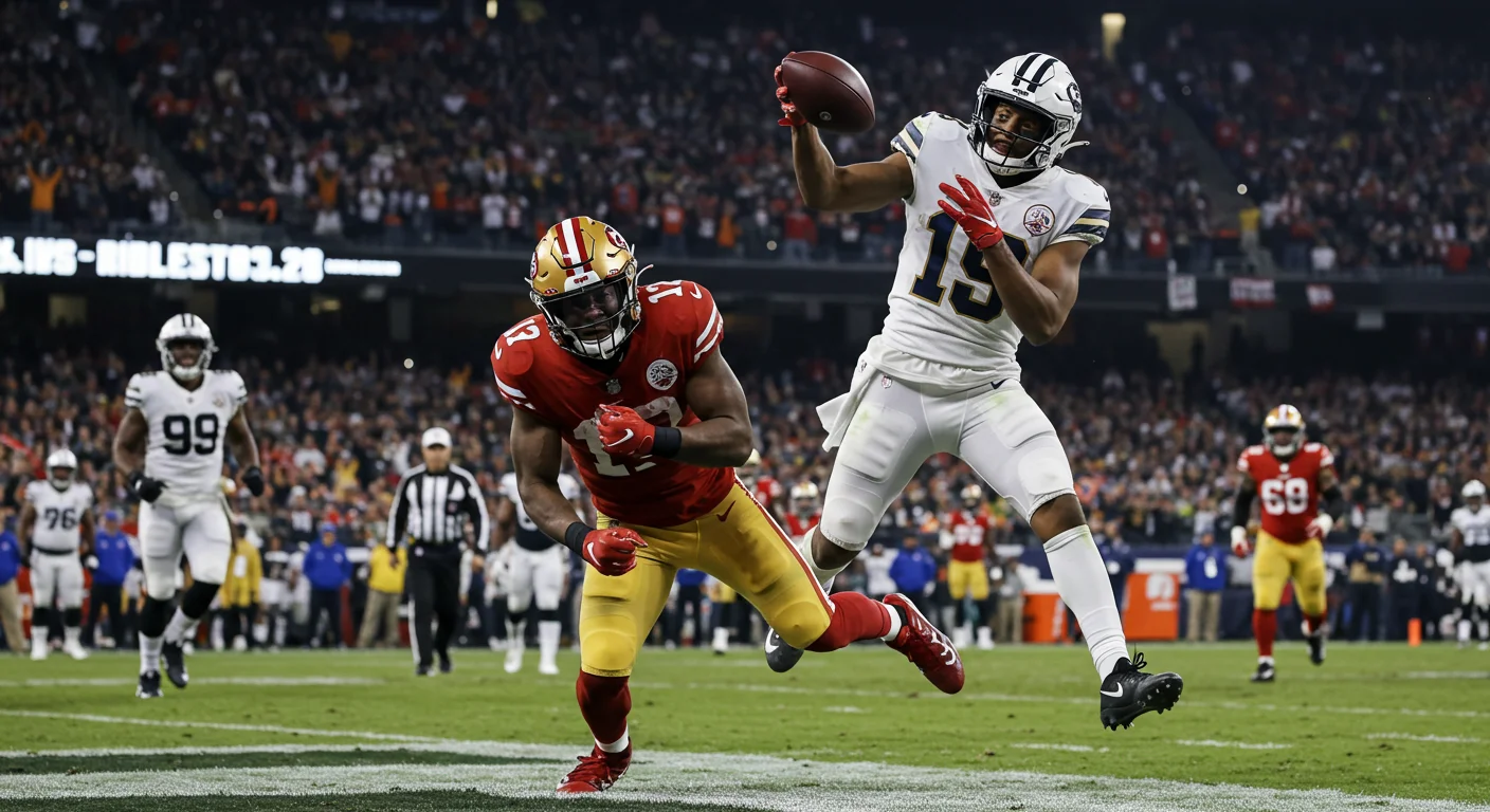 Crack 125+ NFL Riddles with Answers: Test Your Football IQ! 5 NFL receiver in white uniform making a contested catch with a defender in red and gold uniform nearby