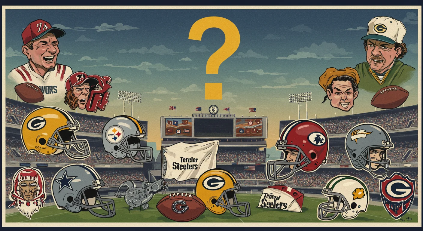 Crack 125+ NFL Riddles with Answers: Test Your Football IQ! 7 Vintage-style illustration of NFL team helmets and football legends with question mark