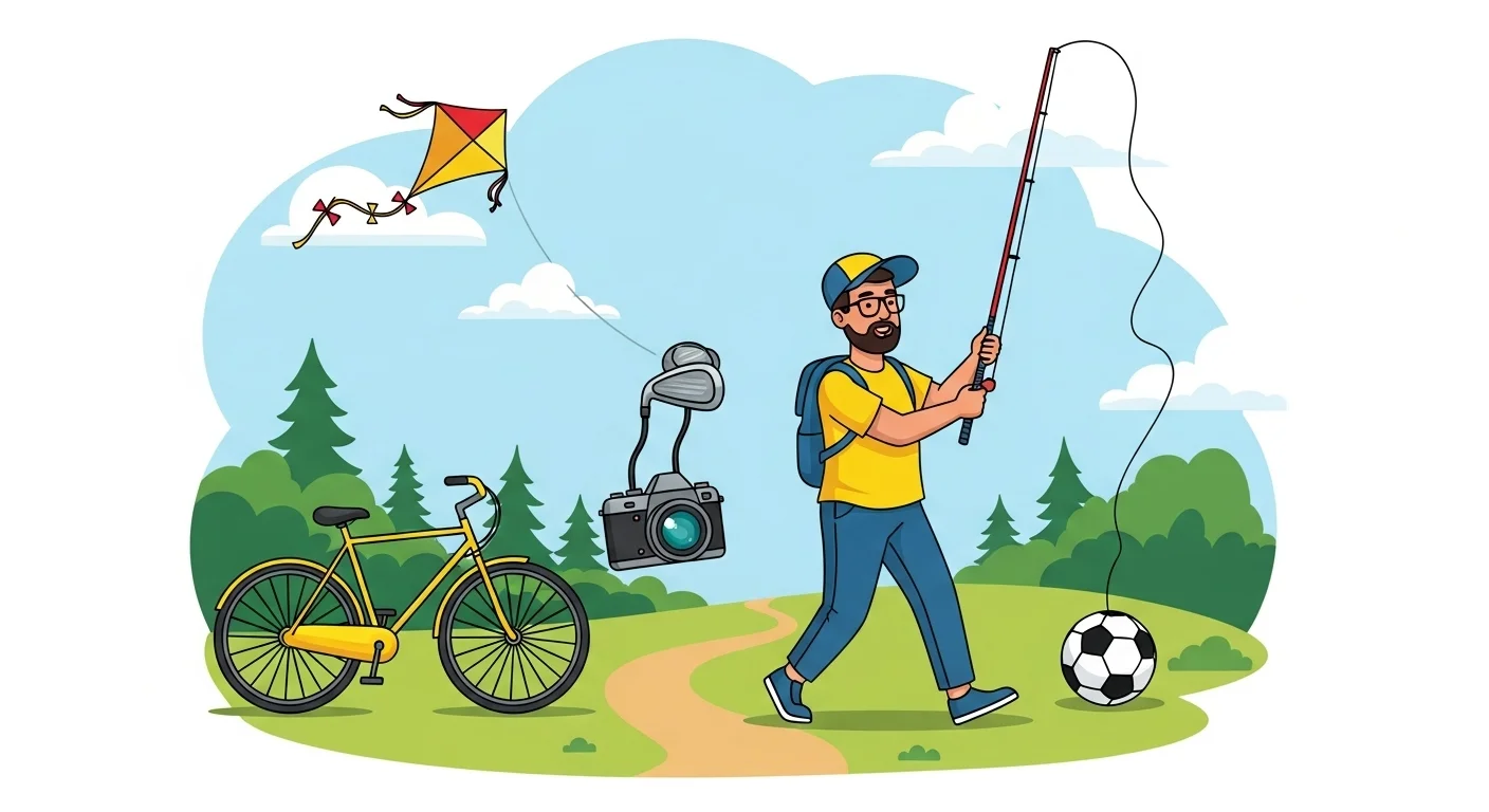 Cartoon man with hiking stick enjoying outdoor activities including cycling, kite flying, photography and sports