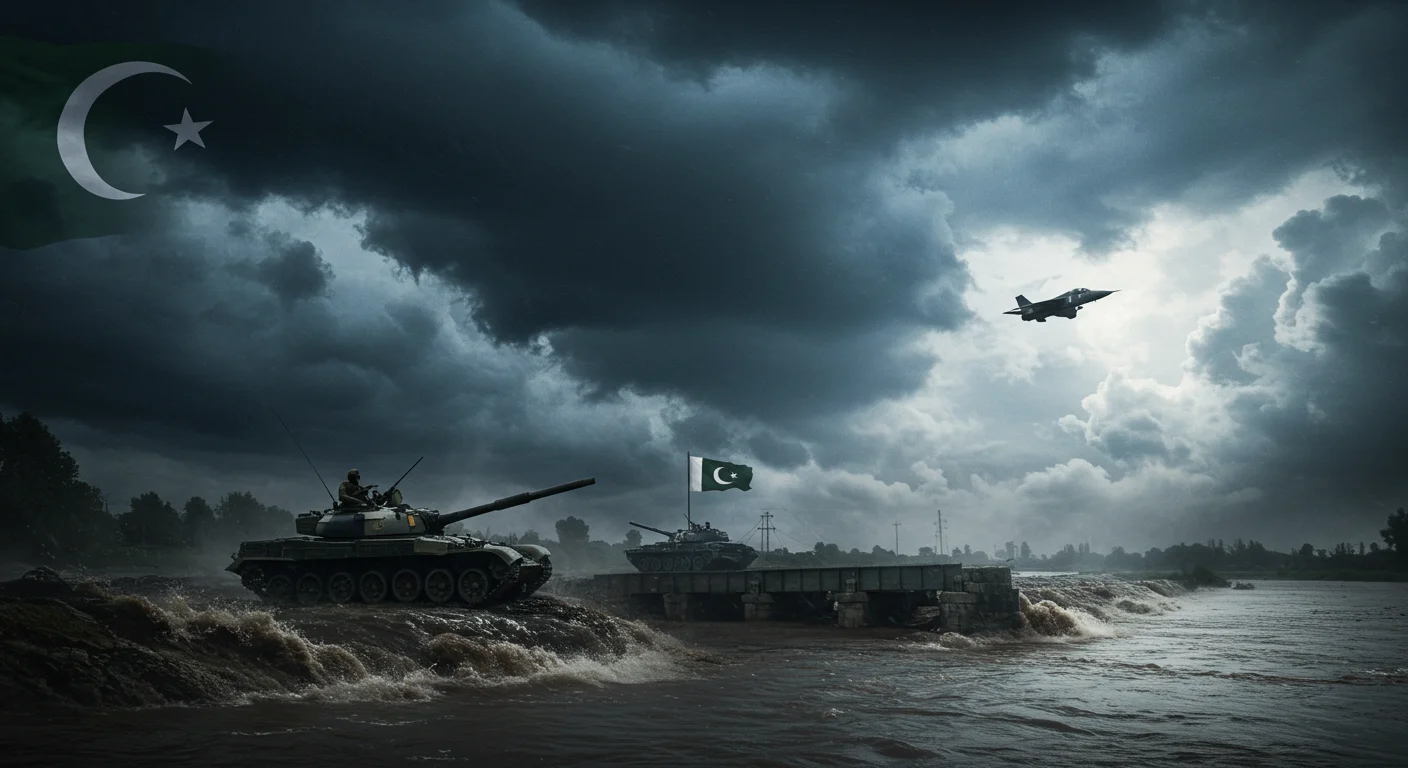 125+ India vs Pakistan War Riddles with Answers for All Ages 2 Pakistani military tanks crossing turbulent river under stormy skies with jet fighter overhead and national flag