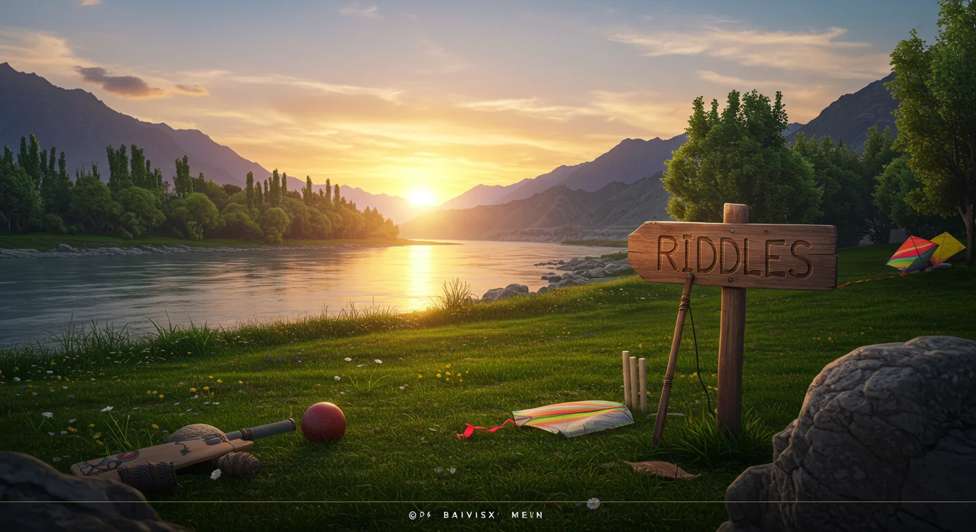 125+ India vs Pakistan War Riddles with Answers for All Ages 1 Serene riverside landscape at sunset with wooden "Riddles" sign and cricket equipment on grassy bank